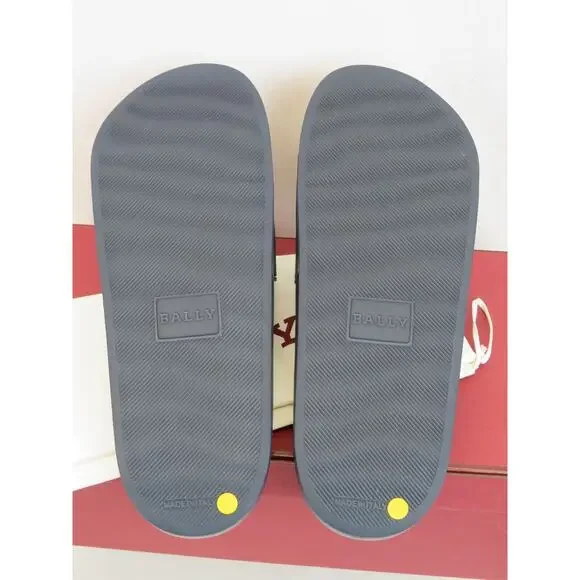 NIB BALLY SIMON NAVY INK RUBBER RED WHITE WEB LOGO SANDAL POOL SLIDES 11 D ITALY